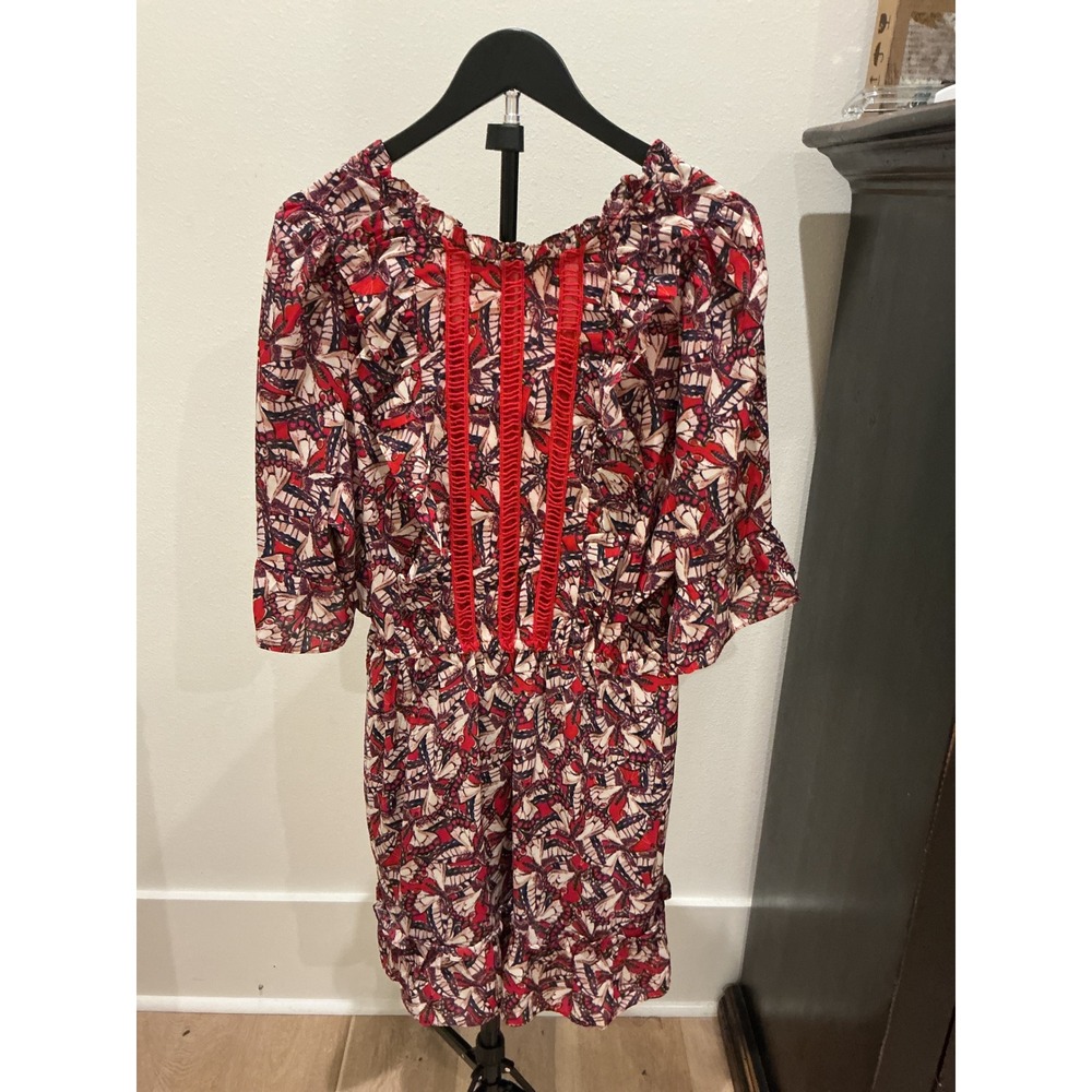Happy X Nature Butterfly Print Mini Dress Red Purple Crochet Trim Ruffle Medium